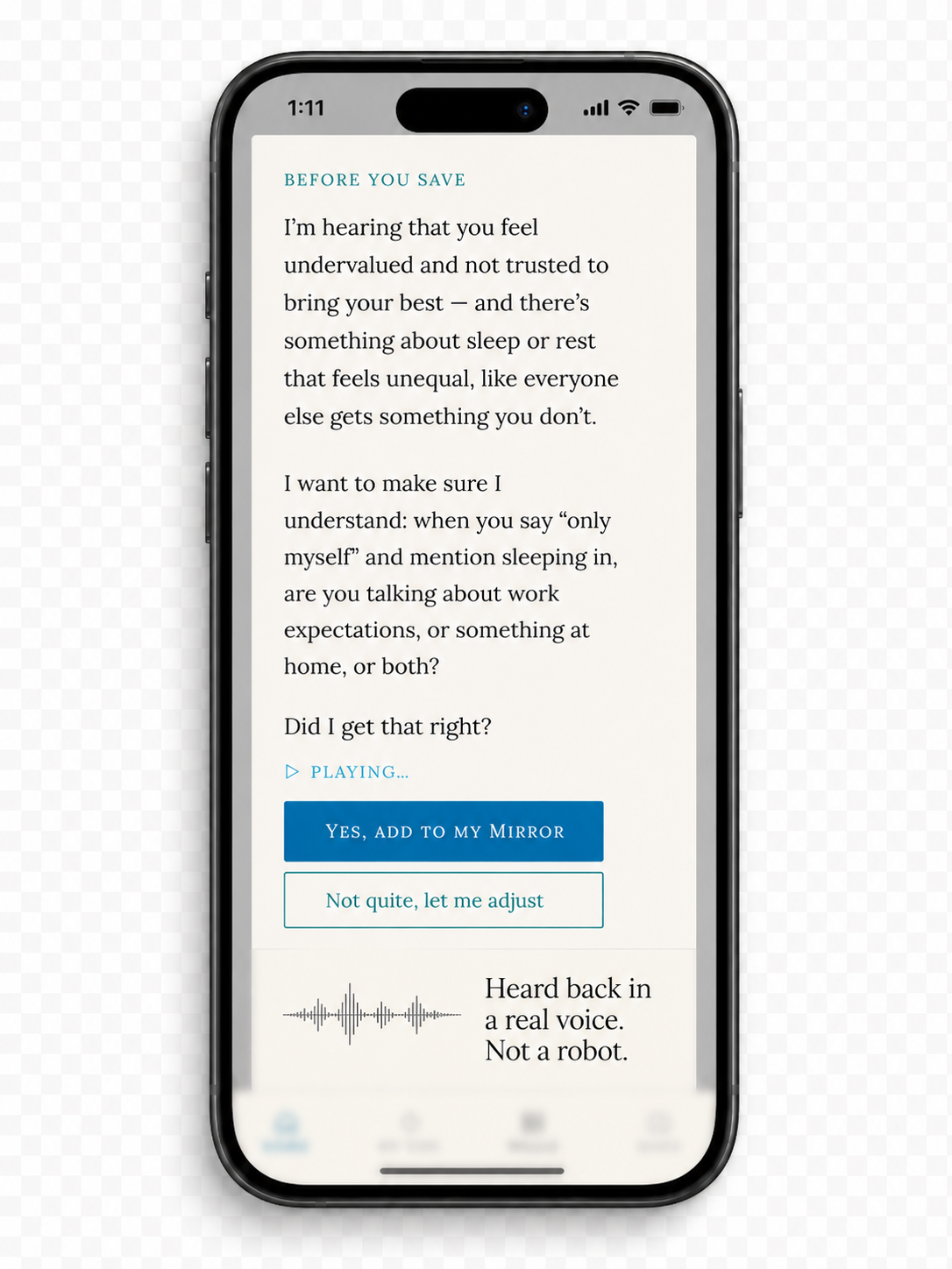 Reflect-back card showing the user's own meaning restated