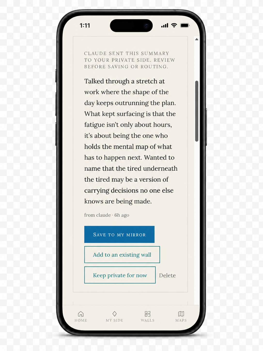 Claude inbox review card in the Mirror